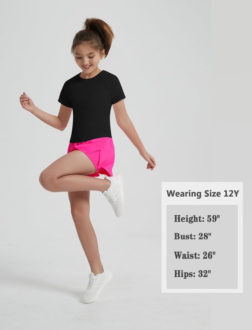 EXARUS Girls Athletic Shirts Workout Split Back Teen T Shirt Quick Dry Activewear Short Sleeve Regular Fit Tees Casual Summer Kids Set 12Y