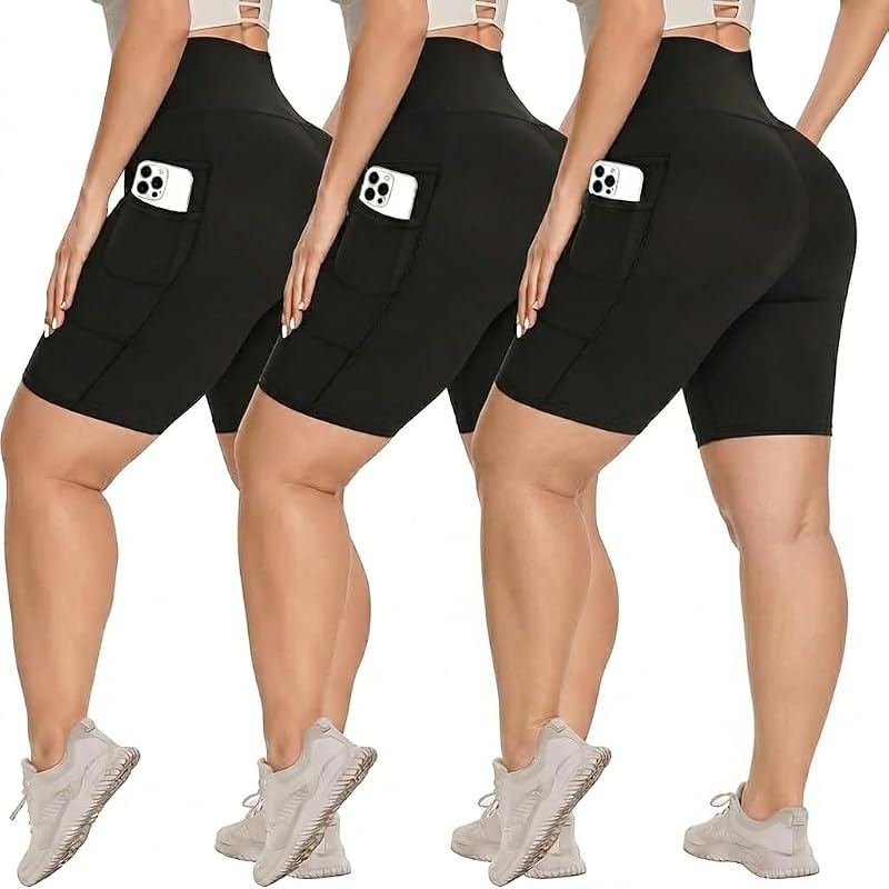 Syrinx 3-Pack High-Waisted Biker Shorts for Women with Pockets - 8"/5" Inseam, Non-See-Through