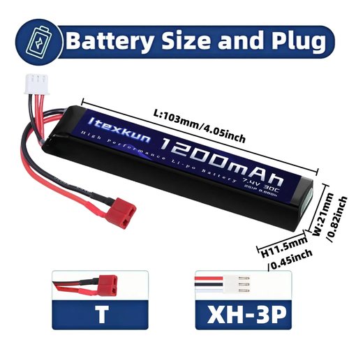 Itexkun 7.4V 2S 1200mAh Airsoft Battery Lipo Batteries T Plug 30C High Discharge Rate Rechargeable 2S Lipo Battery for Airsoft Model Guns with 7.4v Battery Charger