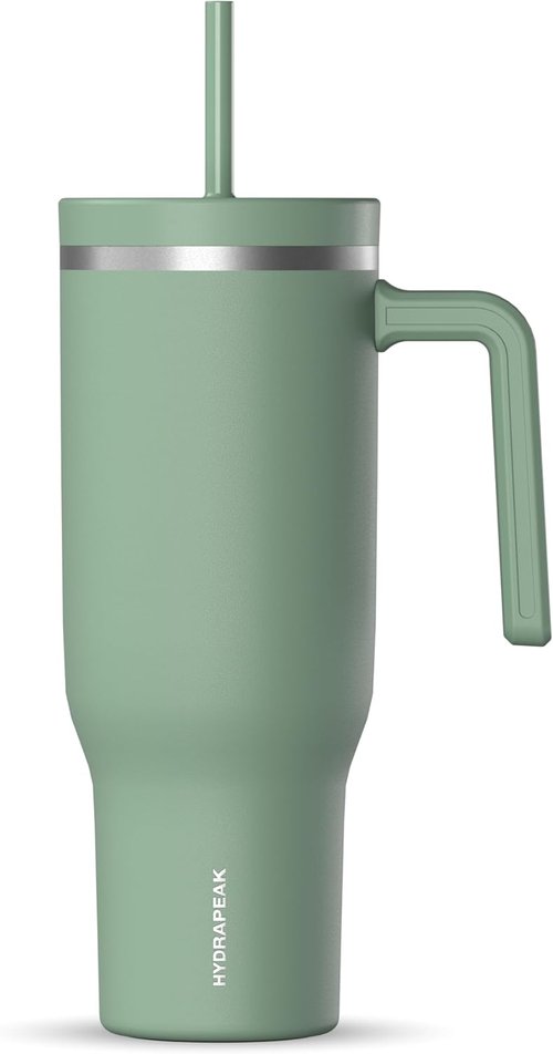 Hydrapeak Voyager 40 Oz Insulated Stainless Steel Tumbler - Handle, Straw & Lid | Cupholder Friendly (Sage)