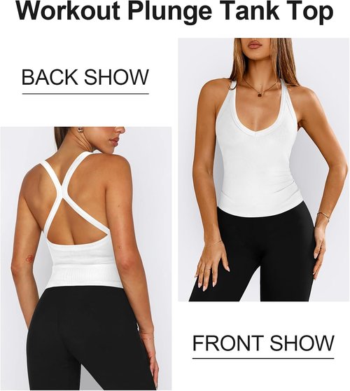 Hragc Women's Halter Top - Racerback Workout Tank with Plunge V-Neck & Split-Back Design | Fitted Ribbed Shirt