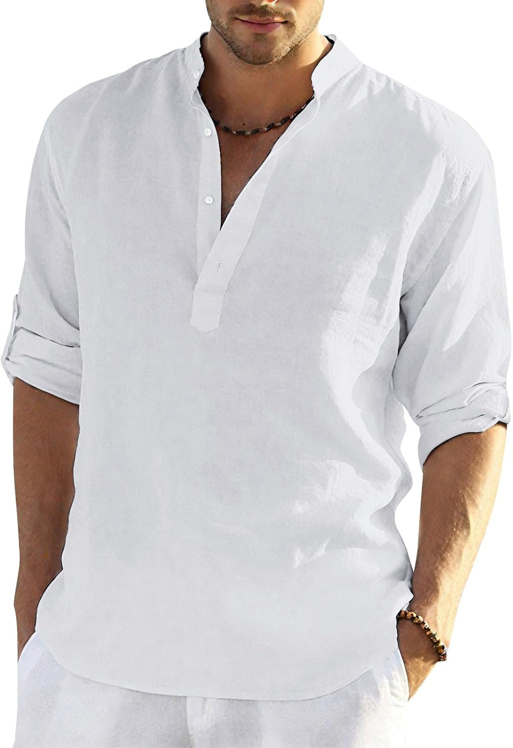 Skiennix Men's Cotton Henley Shirt - Half Sleeve Stand Collar Casual Tee for Summer | Loose Fit, Solid Color