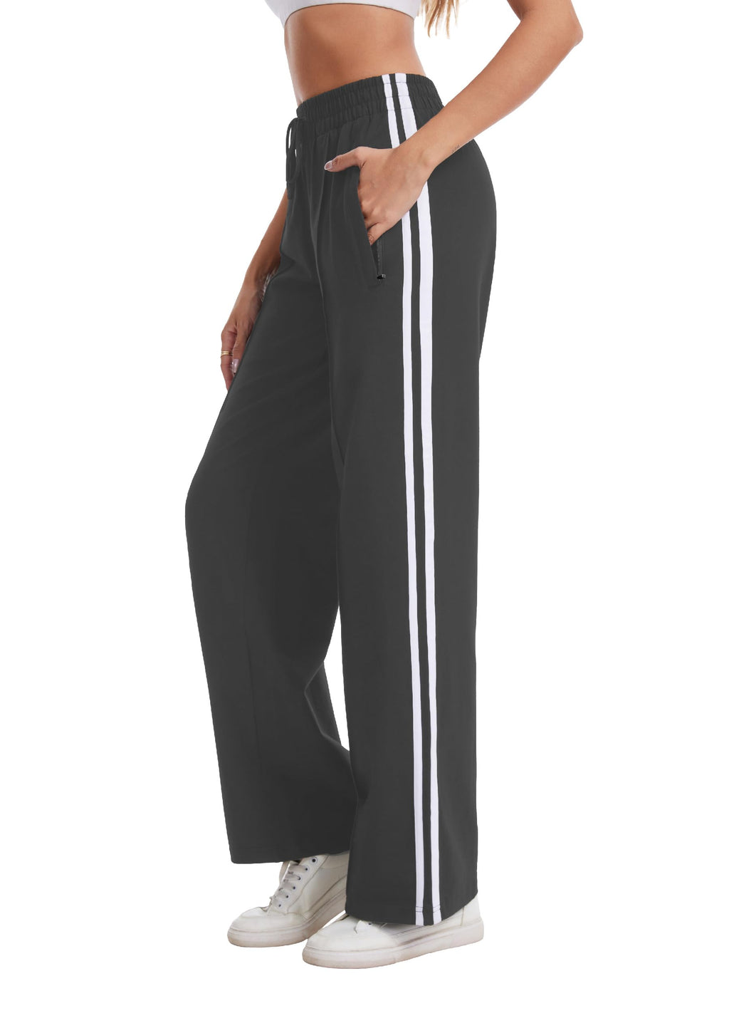 Houmous Cotton Sweatpants Womens Wide Leg Track Pants Lounge Stretch Athletic Loose Jogging Sport Zip Pockets,28 Inseam,Grey,XXL