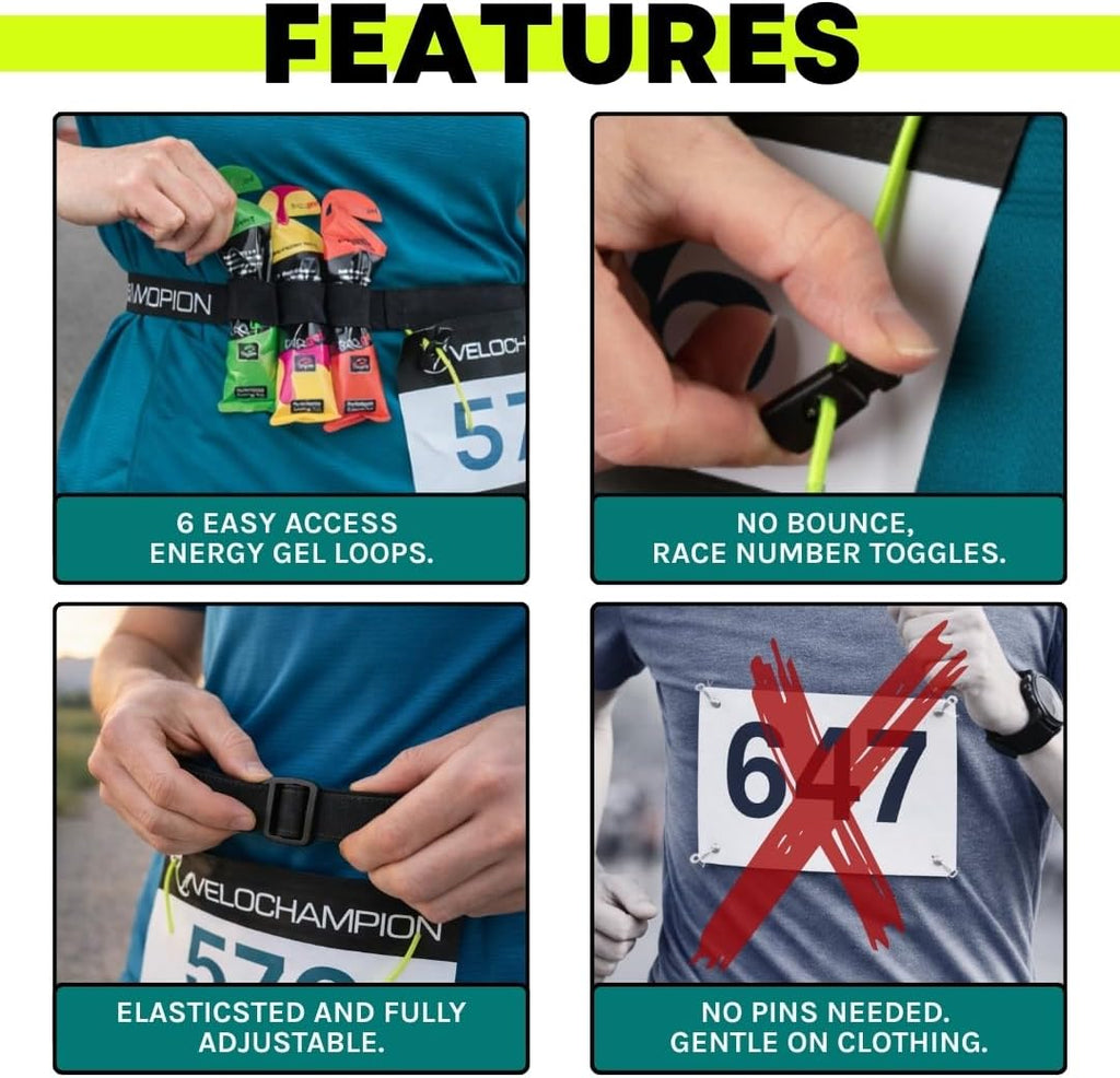 VeloChampion Lightweight Running Belt | Elasticated Fit with 6 Energy Gel Loops - No Pins Needed