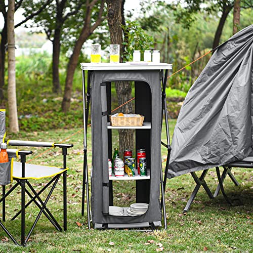 Grey 47-Inch Folding Camping Storage Cabinet with 3 Shelves and Carry Bag