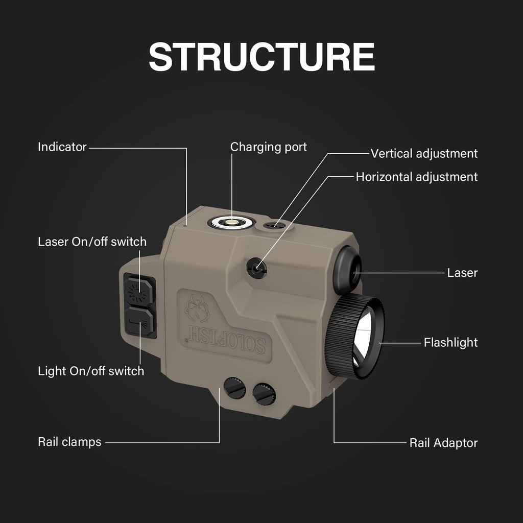 Solofish Pistol Light & Blue Laser Combo - 800 Lumens Tactical Flashlight with Strobe Function | Fits Full Size & Compact Guns