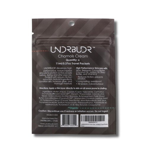 UNDRBUDR Chamois Cream for Cycling, Runners, Athletes - Anti Chafing Cream for Men and Women with Aloe, Shea Butter & Vitamin E - Reduces Saddle Sores, Low Friction Formula, 6 Travel Packets