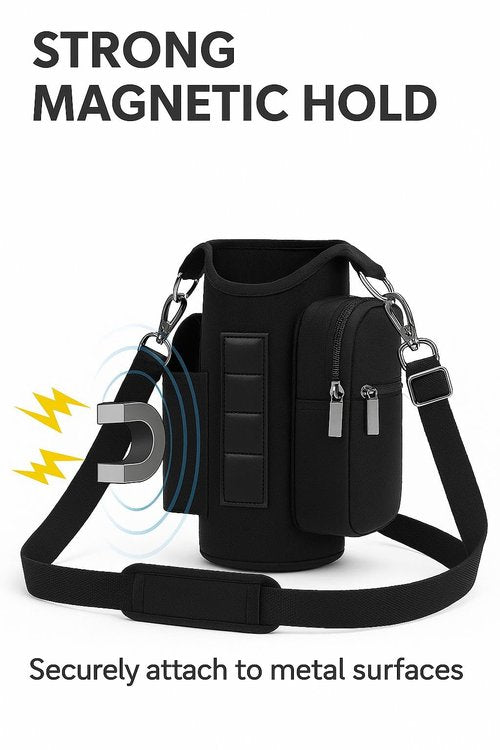 lesofia Magnetic Gym Bag Water Bottle Holder with Phone Pockets & Shoulder Strap,5 Built-in Magnets Gym Bottle Pouch Carrier Sleeve,Magnetic Bag Gym Accessories Organizer for Men Women (Black)