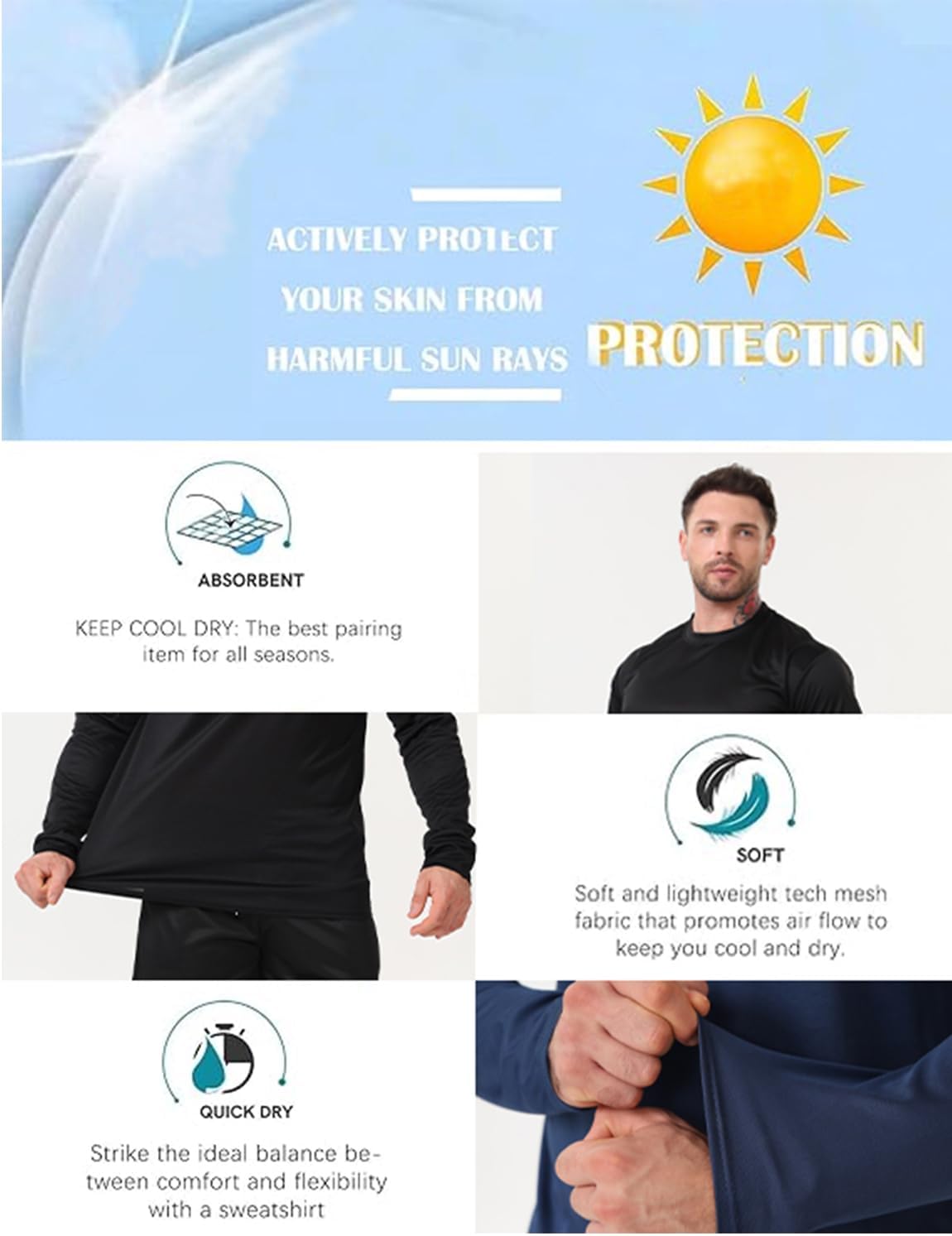 Skiennix Men's Long Sleeve Workout T-Shirts - Quick Dry, 10 Pack for Running & Fitness