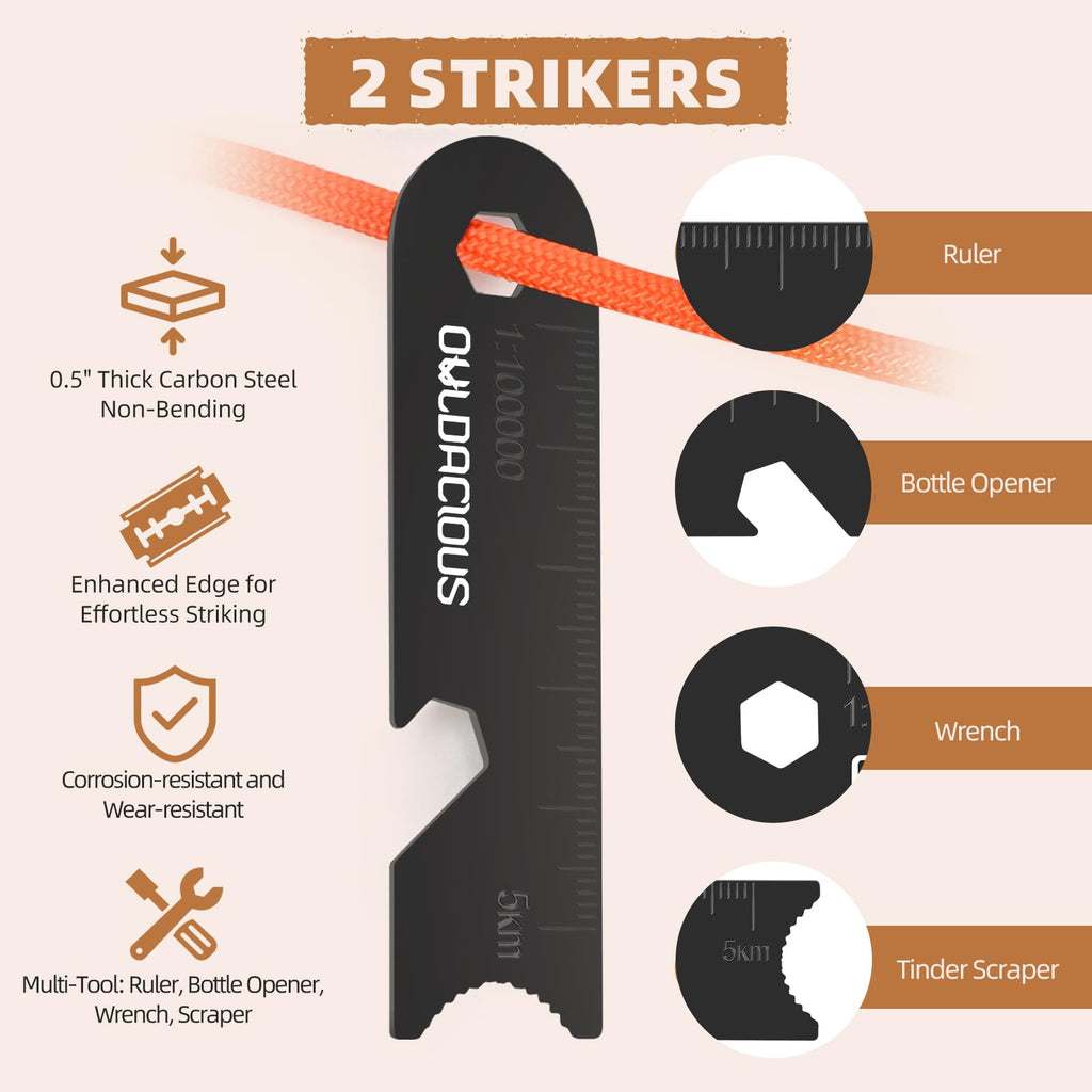Owldacious Fire Starter Survival Kit – 4 Ferro Rods (4", 3.2", 2×2.4"), 2 Strikers, 2 Tinder Wicks (13" Each), and 2 Paracords (40“ Each). Flint and Steel Emergency Tool.