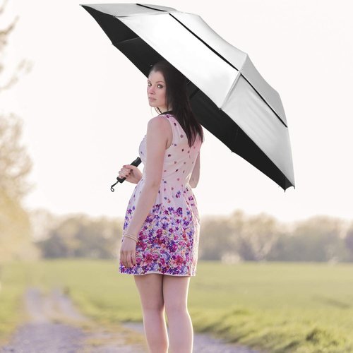 G4Free 62 Inch Portable UV Protection Large Golf Umbrella, Automatic Open Double Canopy Big Sun Windproof Oversize Sports Umbrella(Silver/Black)