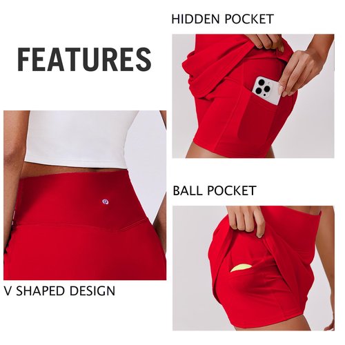 PINSPARK Skorts for Woman Stretchy Tennis Skirts Built-in Shorts Workout Skort Skirts Lightweight Golf Skort Activewear, Red Medium
