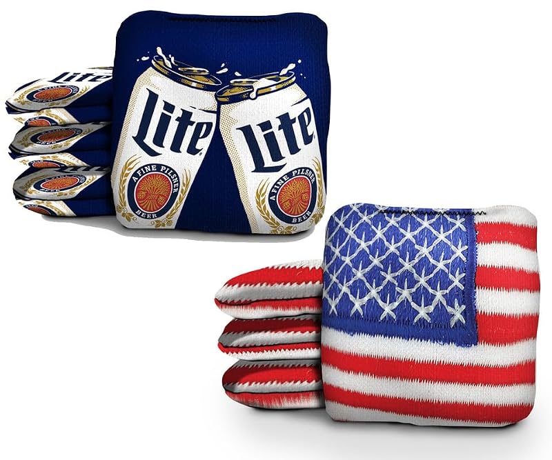 Patriotic Miller Lite Cornhole Bags Set – 8 Resin-Filled, Dual-Sided Pro-Style 6x6, Licensed Beer Flag Design