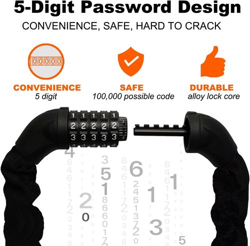 Heavy Duty Bike Lock Chain by [Brand Name] - 5 Digit Combination Anti-Theft Security | 3.2 Feet Long, Black