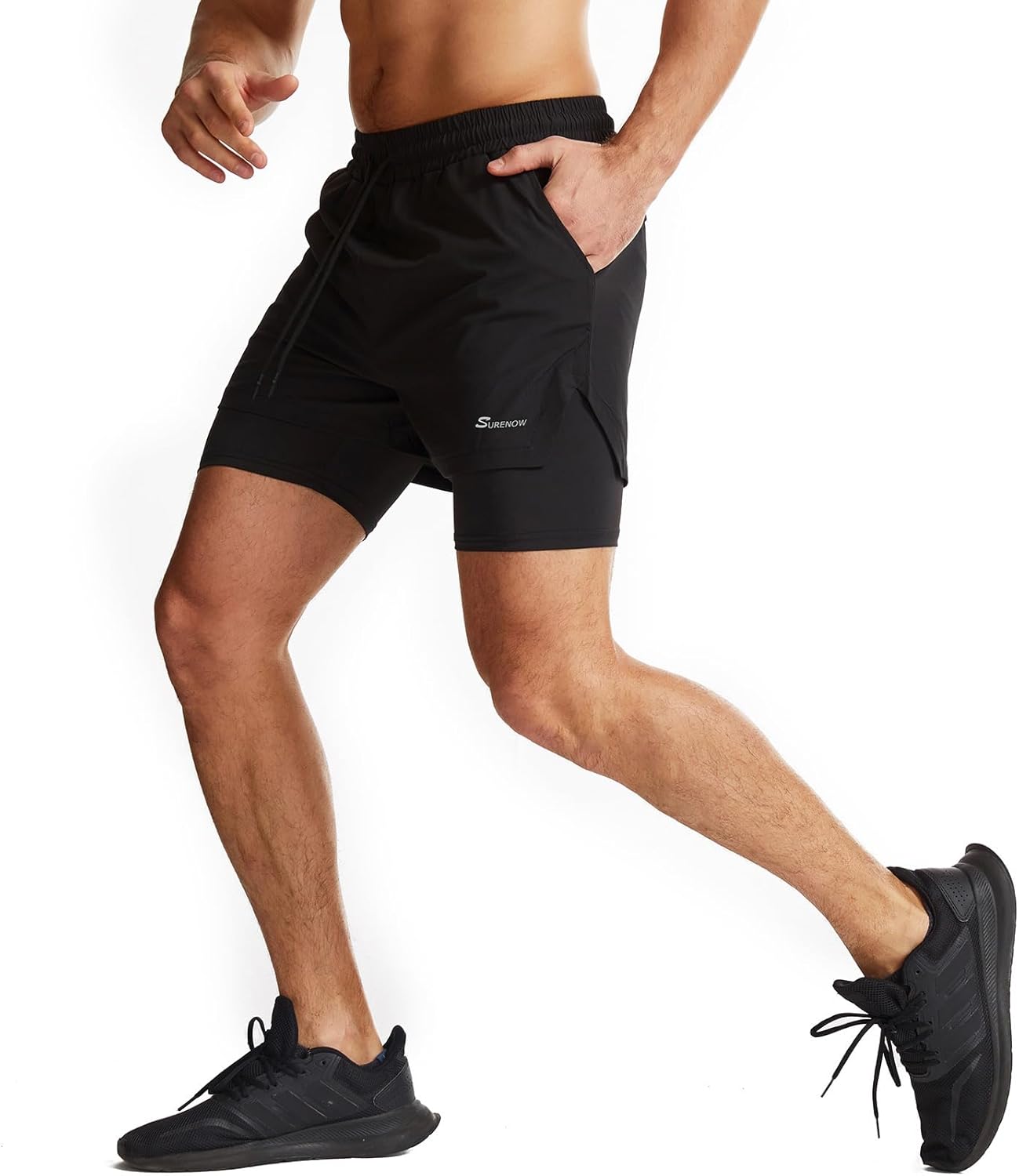 Surenow Men's 2-in-1 Running Shorts - Quick Dry Athletic Shorts with Zip Pockets & Towel Loop