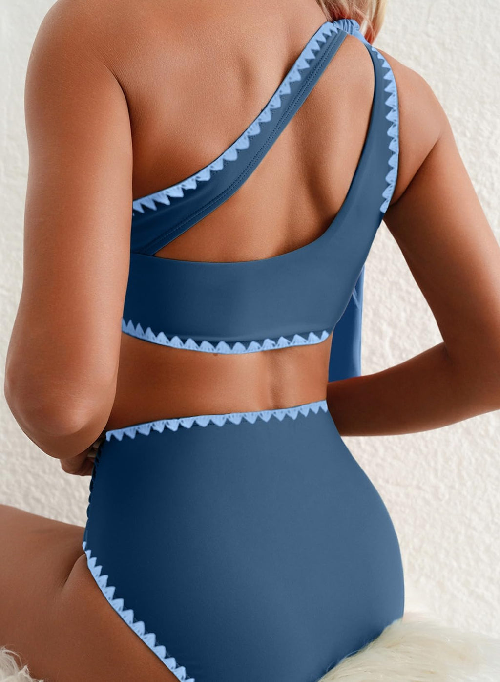 Herseas High Waisted Bikini Sets 2 Piece Swim Suits for Women One Shoulder Tie Swimsuit Wire Free Crocheted Trim Bathing Suit Blue Beach Vacation Essentails Medium