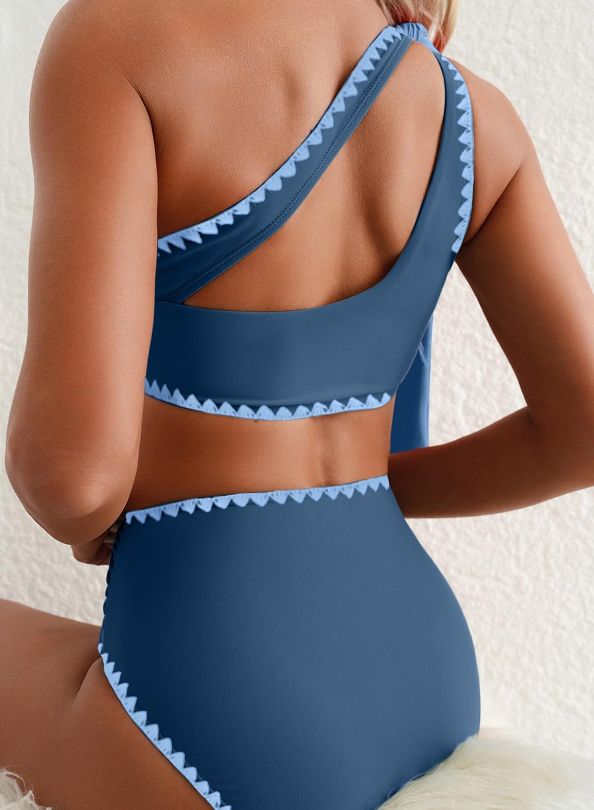 Herseas High Waisted Bikini Sets 2 Piece Swim Suits for Women One Shoulder Tie Swimsuit Wire Free Crocheted Trim Bathing Suit Blue Beach Vacation Essentails Medium