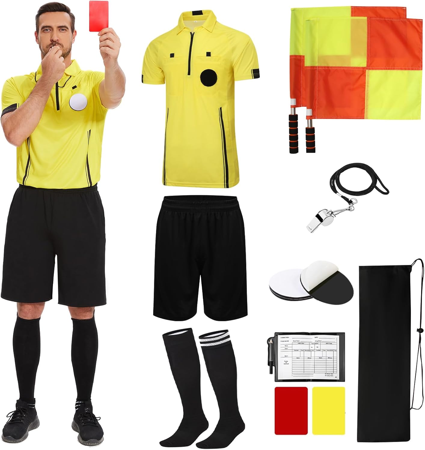 Redgino Soccer Referee Kit - Pro Jersey, Shorts, Whistle, Socks & Flags | Complete Umpire Uniform for Adults & Teens