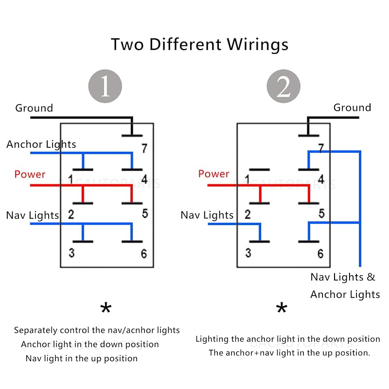 12V 7-Pin Red LED Boat Nav/Anc Lights Switch with Wires - ON-OFF-ON DPDT IP66 Variation nav/anc lights