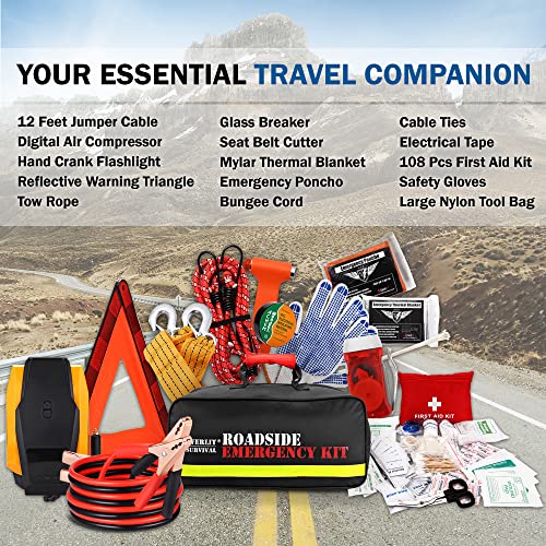 Everlit Emergency Car Kit with Tire Inflator, Jumper Cables & First Aid