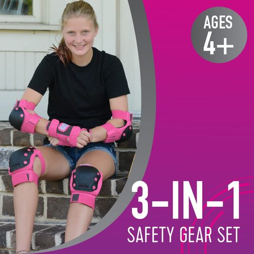 Flybar Knee and Elbow Pads, Wrist Guards Protective Safety Gear Set - Multi Sport Protection for Skateboarding, BMX, Pogoing, Inline Skating, Scooter - Kids, Teen & Adult Sizes (Pink, Large)