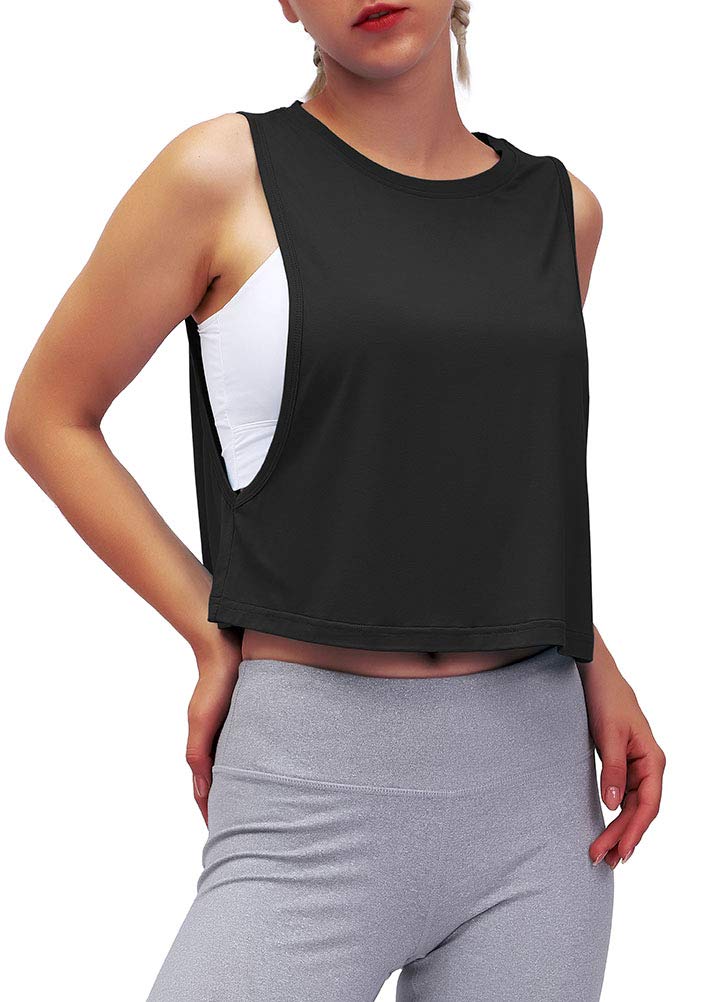 Mippo Women’s Workout Crop Top - Mesh Back Gym Tank, Black, Medium