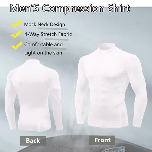 Mens White Turtleneck Compression Shirt Long Sleeve Athletic Running Tops Football Shirts Sport Baselayer Undershirt