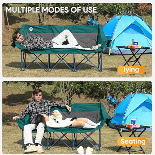 Northroad Oversized 3-Person Camping Loveseat Chair Dark Green & Grey - Heavy Duty Foldable Outdoor Seating with Cup & Wine Glass Holders
