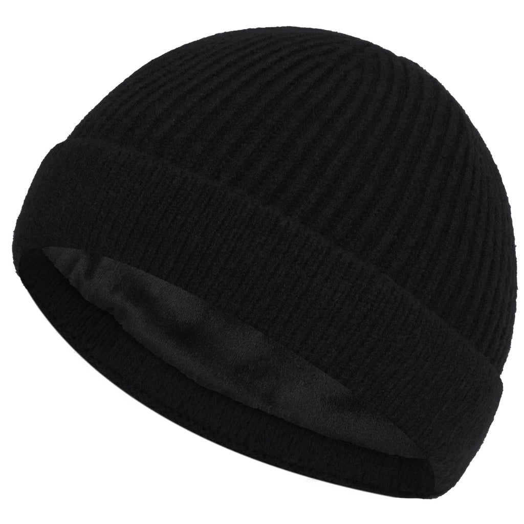 ROYBENS Swag Wool Short Fisherman Beanie for Men Women, Fleece Lined Warm Winter Hat, Knit Cuff Trawler Beanies Watch Skull Cap Black