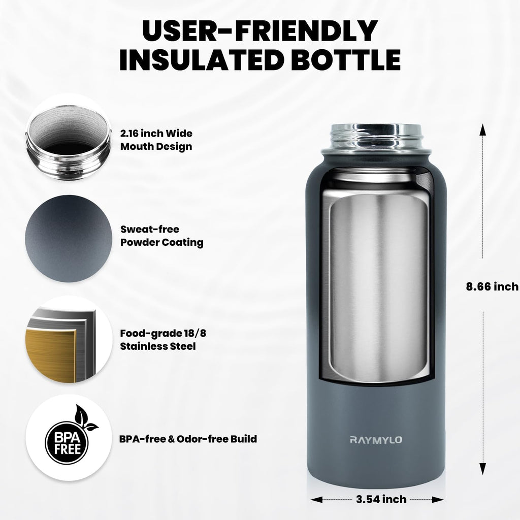 Skiennix Insulated Water Bottle - 32 Oz Triple Wall Vacuum Stainless Steel | Cold for 48 Hrs, Leak Proof, Dark Grey