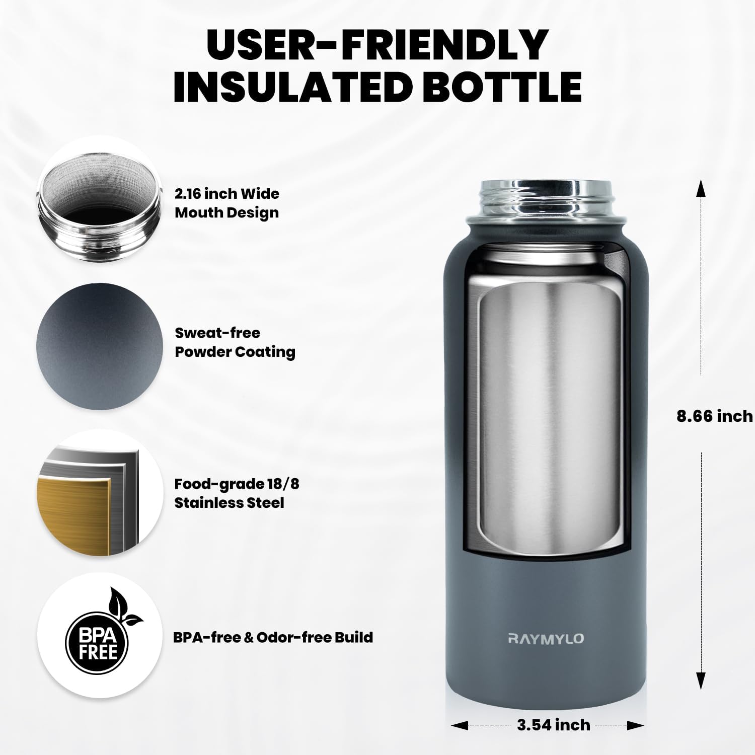 Skiennix Insulated Water Bottle - 32 Oz Triple Wall Vacuum Stainless Steel | Cold for 48 Hrs, Leak Proof, Dark Grey