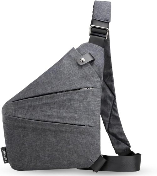 FlyHugz Anti-Theft Crossbody Sling Bag - Gray Canvas, Water-Resistant, Multi-Pocket Design for Travel