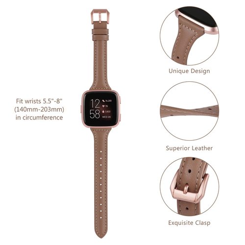 TOYOUTHS Leather Strap Compatible with Fitbit Versa 2/Versa Bands Women Men Slim Genuine Leather Wristbands Replacement for Versa Lite/Versa 2 Special Edition Accessorie Pink (Gray+Rose Gold Buckle)