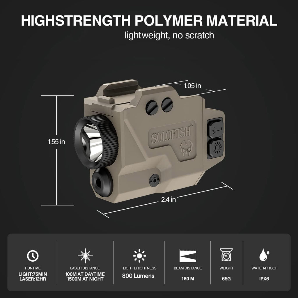Solofish Pistol Light & Blue Laser Combo - 800 Lumens Tactical Flashlight with Strobe Function | Fits Full Size & Compact Guns