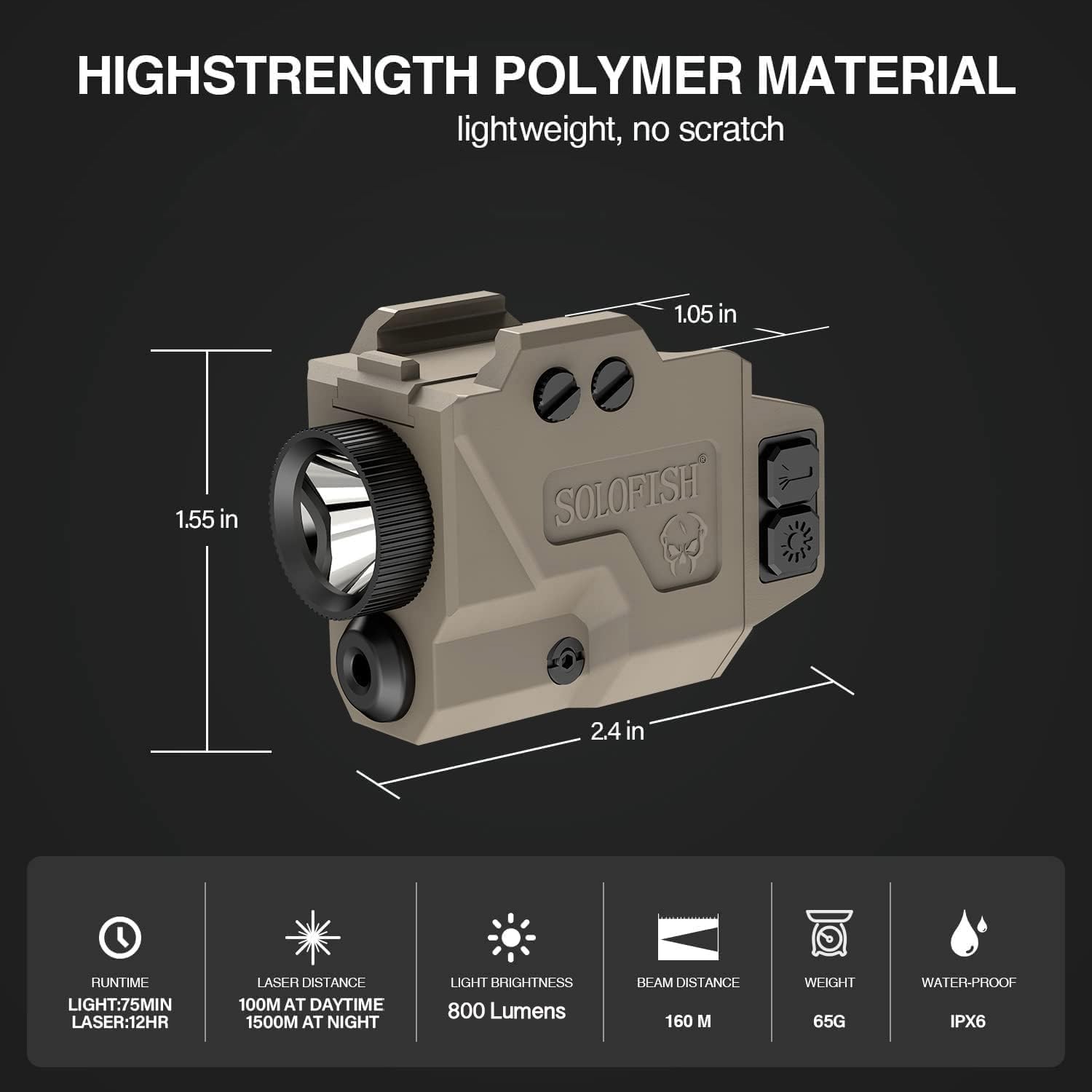 Solofish Pistol Light & Blue Laser Combo - 800 Lumens Tactical Flashlight with Strobe Function | Fits Full Size & Compact Guns