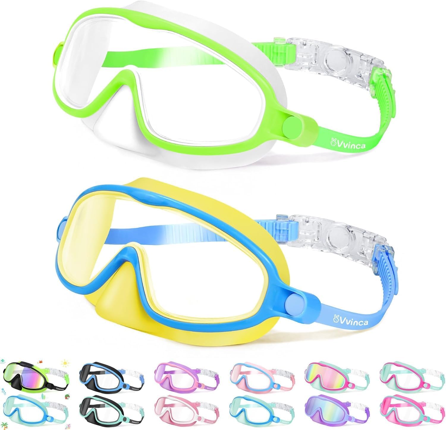 Vvinca Kids Swim Goggles - Anti-Fog Diving Mask with Nose Cover | Wide View, UV Protection, Ages 3-5