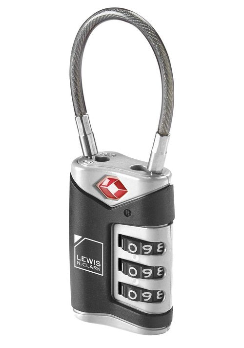 Lewis N. Clark TSA Approved Luggage Lock + Steel Cable for Suitcase, Carry On, BackPack, Laptop Bag + Purse, Perfect For Airport, Hotel or Gym - Set + Reset Your Own Combo, Black