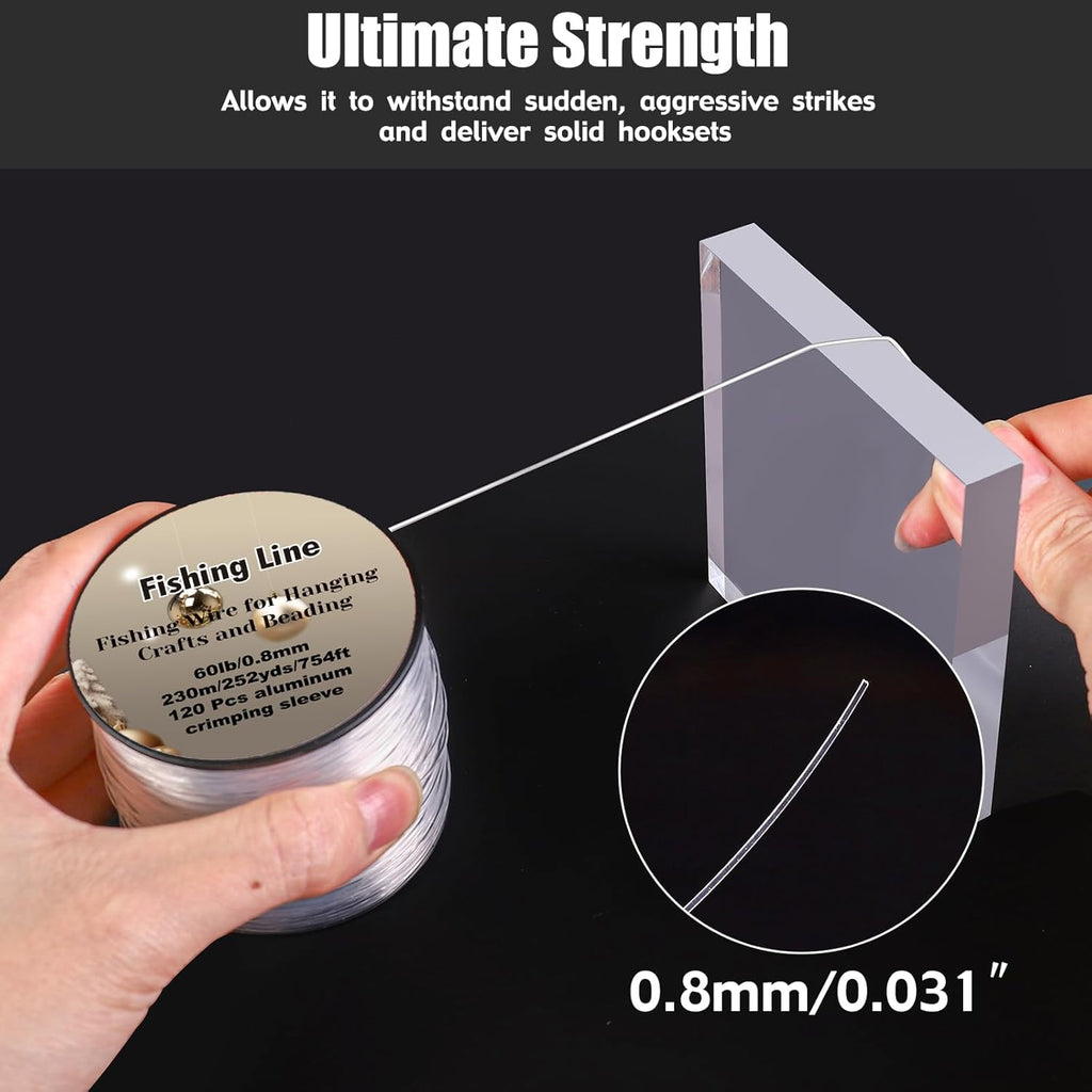 Skiennix Strong Clear Invisible Hanging Wire - 0.8mm 75 Lb, 754 FT Nylon Fishing Line with 120 Pcs Aluminum Crimping Sleeves for Crafts and Decorations