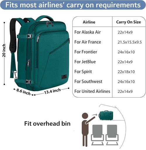 MATEIN Travel Backpack - Large Water Resistant Carry-On | Expandable Lightweight Daypack in Peacock Blue