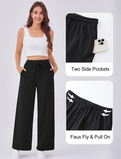 Arolina Black Fall Pants for Women Soft Lounge Wide Leg Sweat Pants Elastic Waist Mid-Weight Pajama Pants with Pockets