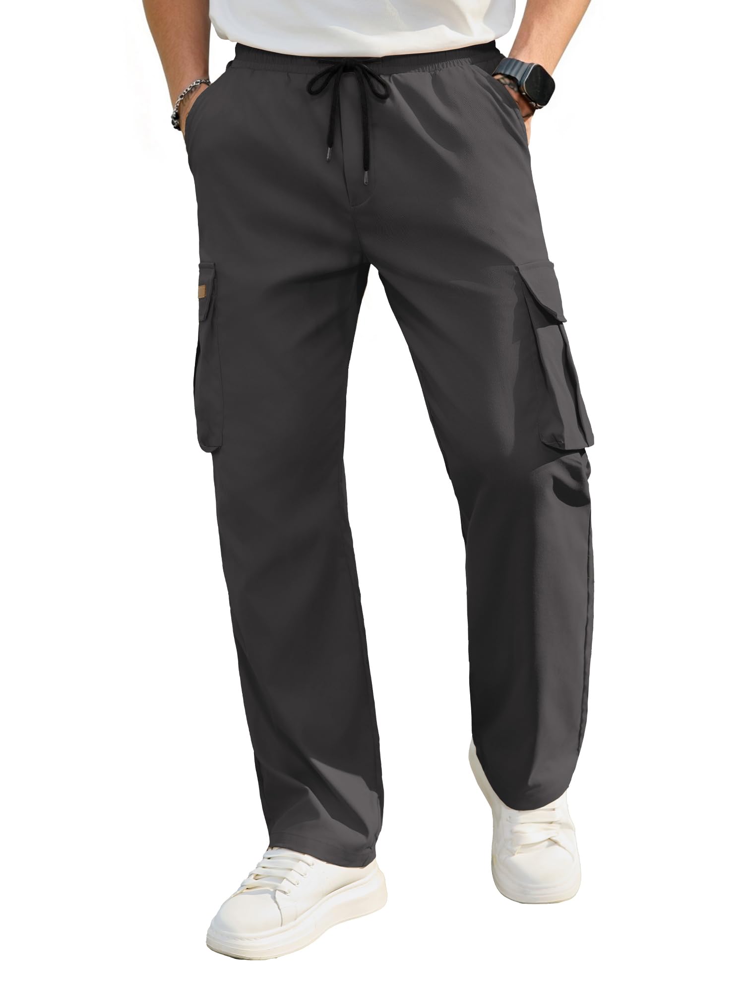 PLEPAN Mens Casual Cargo Pants Drawstring Hiking Workout Tactical Joggers Sweatpants for Men with Pockets Dark Grey 4XL