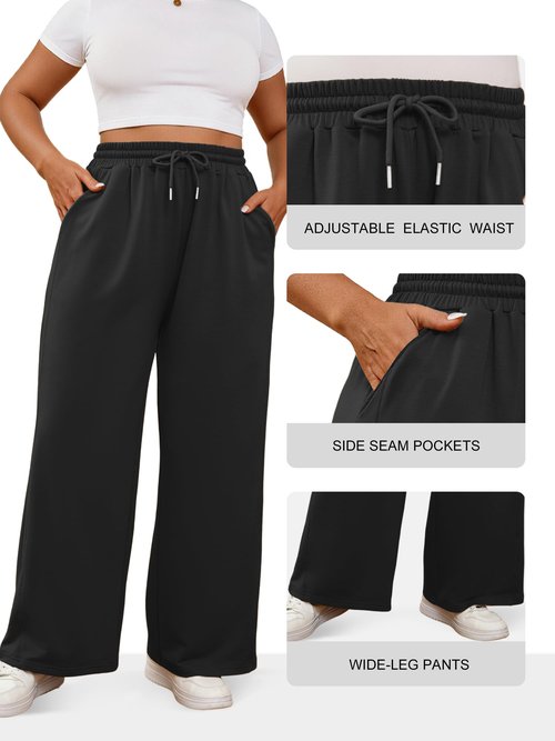 MK Shop Limited Plus Size Wide Leg Pants for Women Active Yoga Sweatpants Lounge High Waisted Drawstring Casual Loose Baggy Pants with Pockets Black