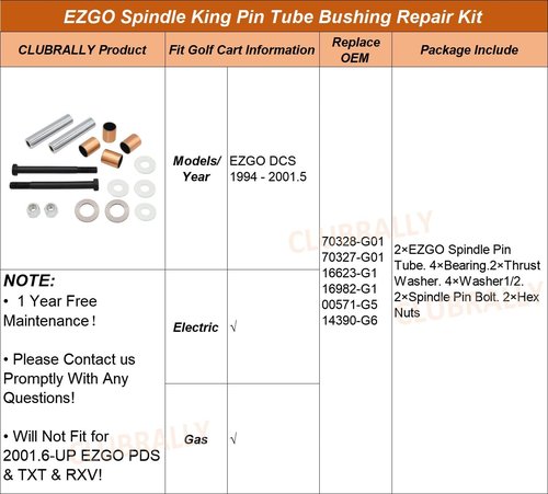 CLUBRALLY Golf Cart Spindle King Pin Tube Bushing Repair Kit with Claw Copper Sleeve, Fits EZGO DCS G&E 1994 to 2001.5,OEM#70328-G01, 70327-G01, 16623-G1