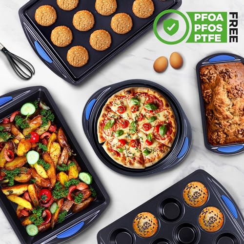 NutriChef 10-Piece Nonstick Bakeware Set - Heavy Duty Carbon Steel with Silicone Handles, Includes Cookie Sheets, Muffin, Pizza & Loaf Pans - Starter Kit