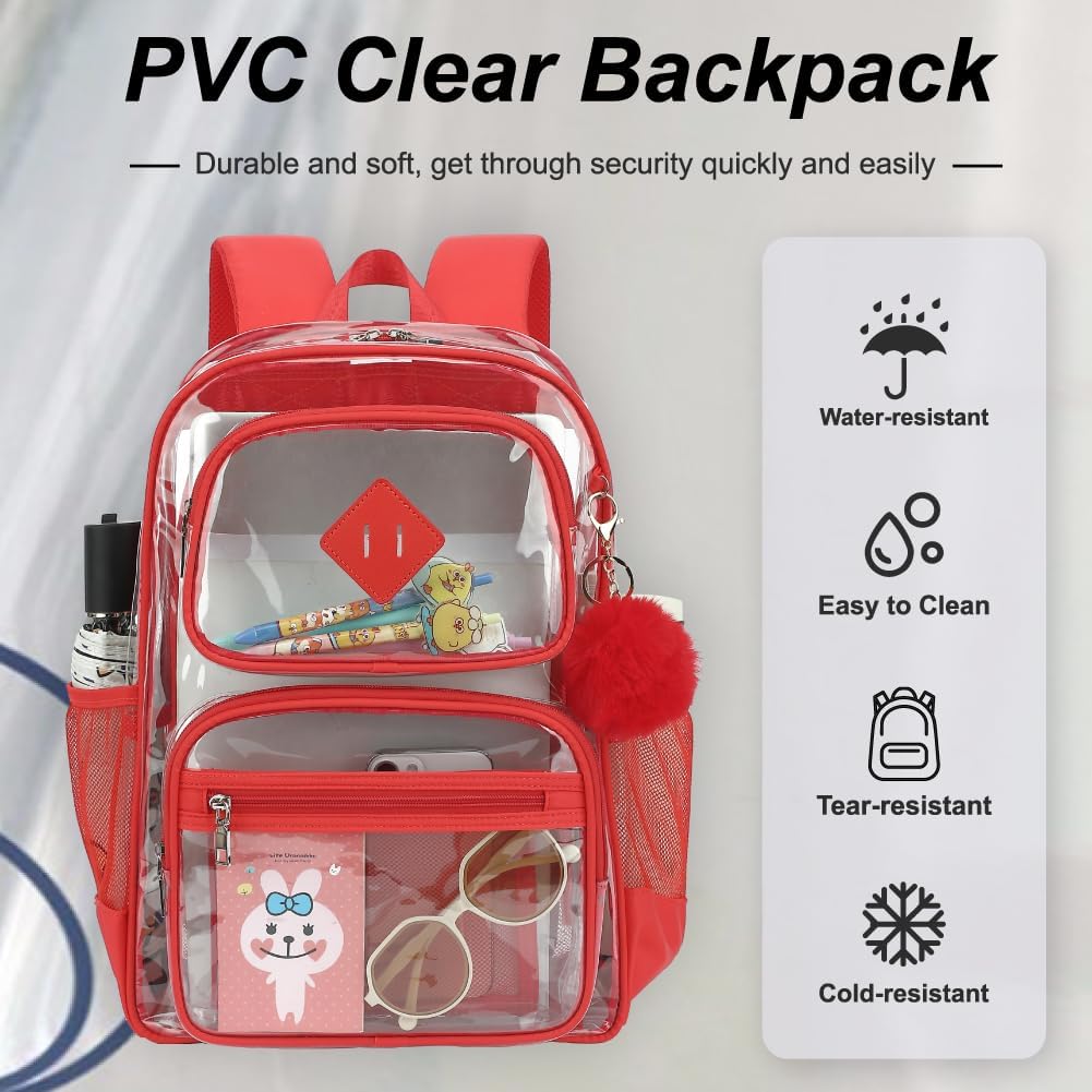 Skiennix Heavy Duty Clear Backpack - Durable Transparent School Bookbag for Kids | Red Color