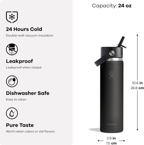 Hydro Flask Water Bottle - Insulated Stainless Steel | Leakproof Wide Straw Lid - 24 Oz Cloud Pink