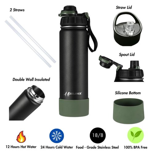 FAZLANIX 650ml/22oz Stainless Steel Water Bottle with Sports & Straw Lids Insulated Double Walled Metal Flask Leakproof Silicon Base Keep Drinks Hot Cold for Sports Gym Bike Camping Adult Men Women