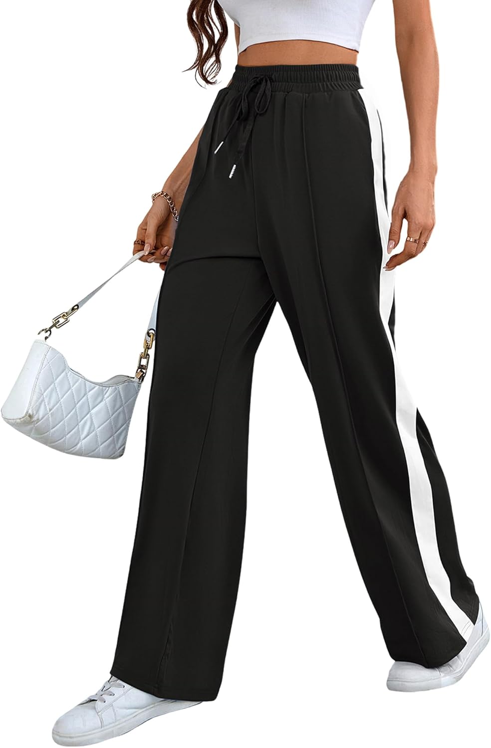 Skiennix Wide Leg Sweatpants - High Waisted Baggy Track Pants with Pockets | Striped Design