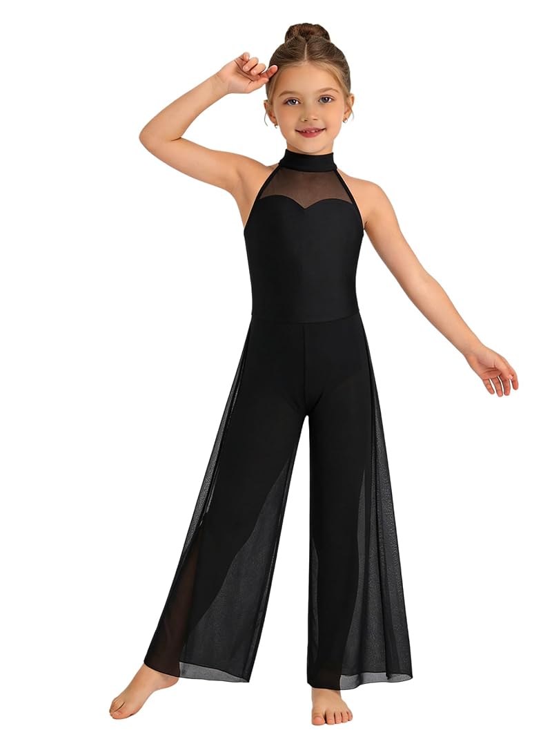Girls Halter Keyhole Back Leotard Jumpsuit – Lyrical Dance Costume, Black 11-12 Years
