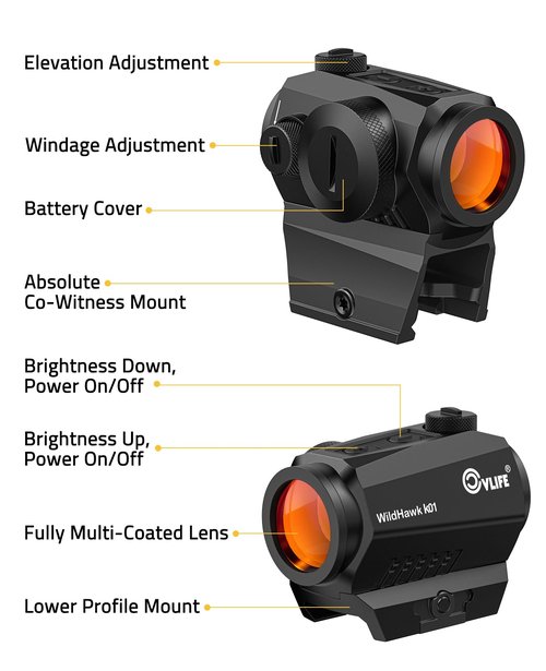 CVLIFE WildHawk K01 Motion Awake Red Dot Sight, 2 MOA Red Dot Scope with 10 Brightness 8DL&2NV,1x20mm Compact Optics with Absolute Co-Witness Mount for 21mm Picatinny, 50,000H Runtime IPX7 Waterproof